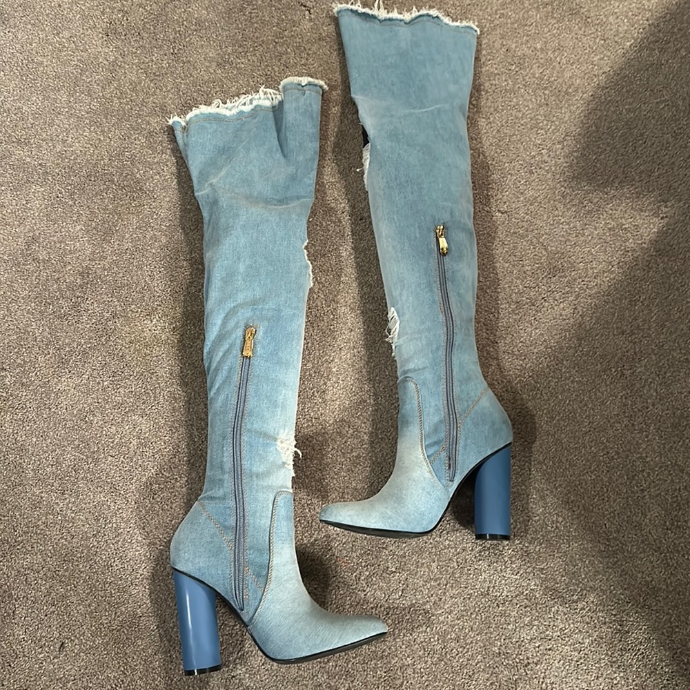 Fashion nova, thigh high, denim boots